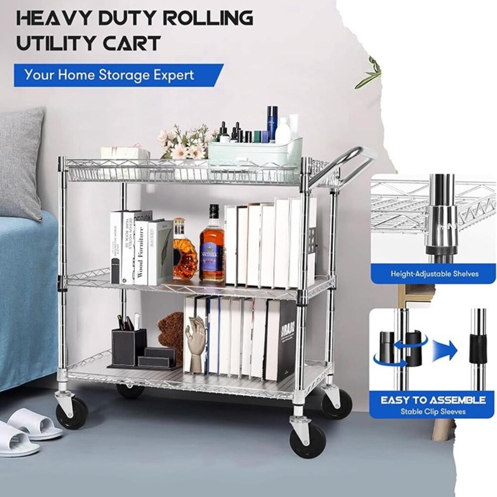 New Metal Utility Rolling Rack, 990lbs Capacity 3 Tier Heavy Duty NSF Rolling